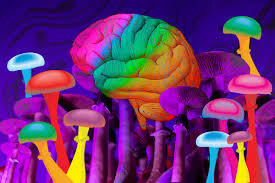 Colorful rainbow-hued brain surrounded by vibrant psychedelic mushrooms on dark background, psilocybin concept art